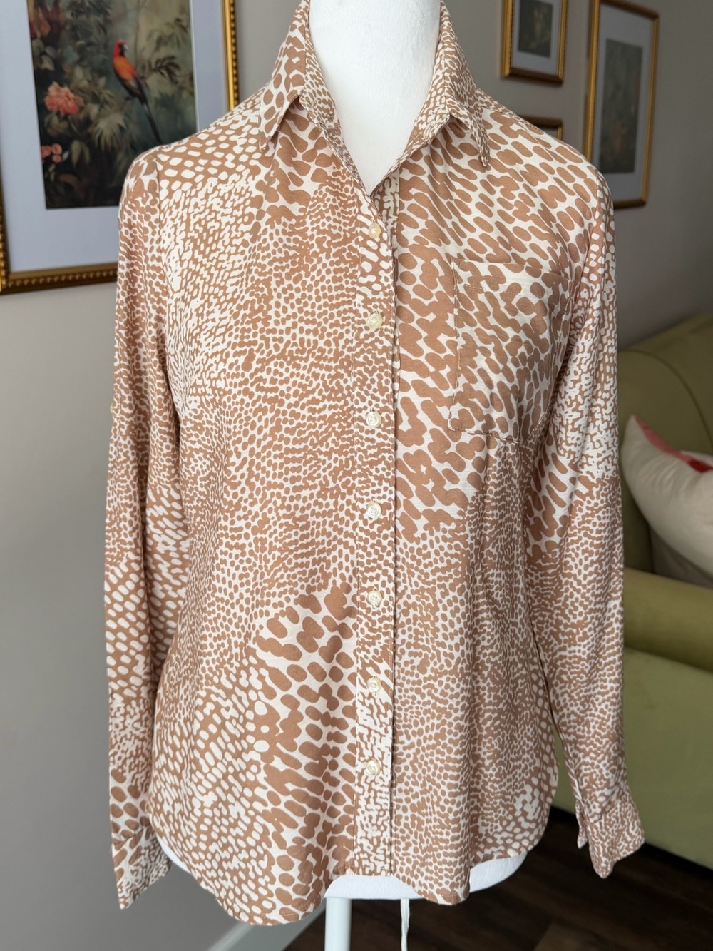 Express Beige Animal Print Button-Front Shirt